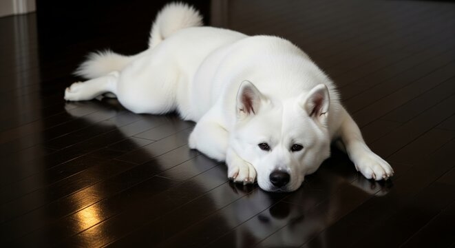 Pure white American Akita dog lying down on a highly polished, dark wood floor indoors