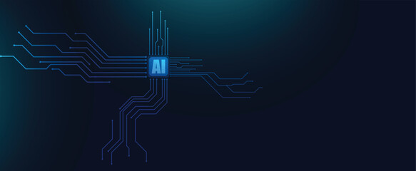 Blue AI chip and circuit board background. Artificial intelligence, machine learning, technology concept.