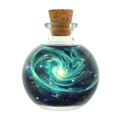 Mystic Bottle Filled with Celestial Nebula, Sparking Stars on White Canvas