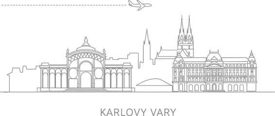 Naklejka premium Karlovy Vary Skyline Cityscape Airplane Travel Line Art