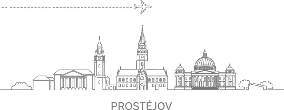 Prostějov City Skyline with Airplane Icon and Dashed Line