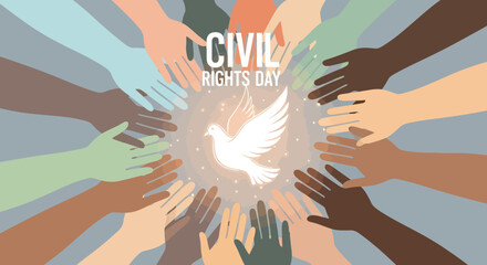 A conceptual illustration for "Civil Rights Day," showing a glowing white dove of peace in the center, surrounded by a circle of hands of diverse skin tones reaching towards it.