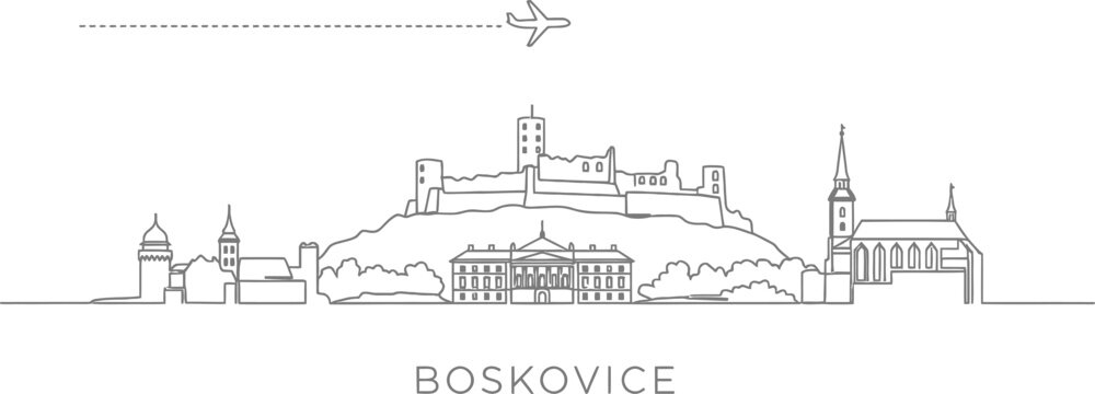 Boskovice Skyline with Airplane and Castle Illustration