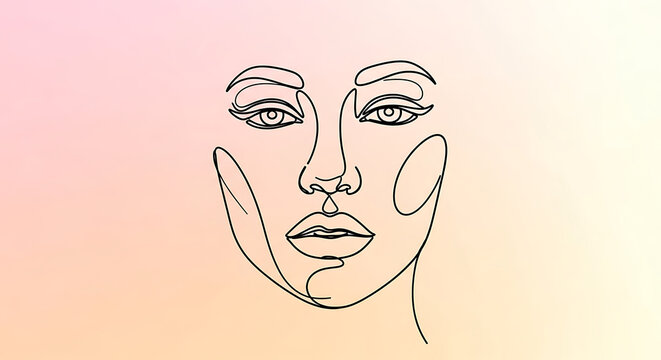 Minimalist continuous line drawing of a womans face with soft pink and yellow gradient background, abstract art, elegant and simple portraiture, beauty and fashion concept - Powered by Adobe