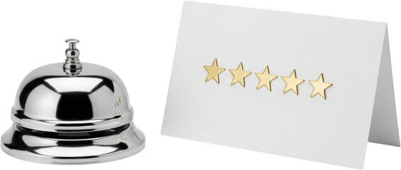 A chrome reception bell sits next to a white card displaying four golden stars symbolizing excellent service isolate rating evaluation customer feedback