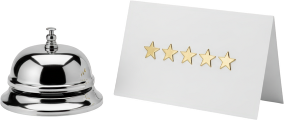 A chrome reception bell sits next to a white card displaying four golden stars symbolizing excellent service isolate rating evaluation customer feedback