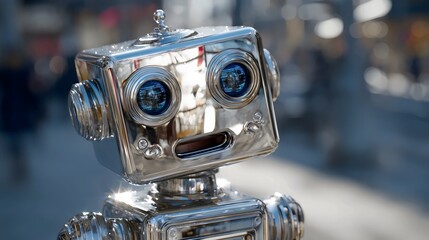 A shiny, metallic robot with blue eyes and a surprised expression, standing in a bustling urban environment.