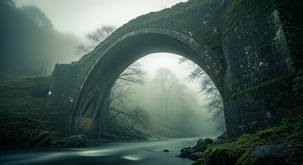 Ancient stone bridge arches over a misty river flowing through a mysterious, moss-covered forest landscape.