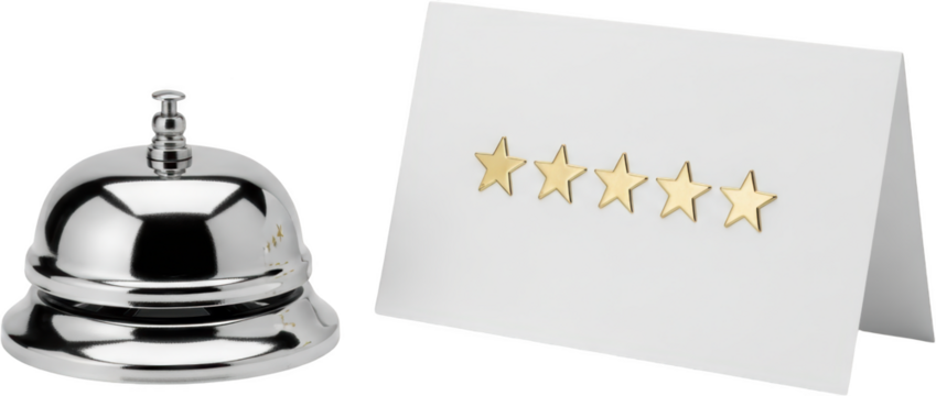 A chrome reception bell sits next to a white card displaying four golden stars symbolizing excellent service isolate rating evaluation customer feedback