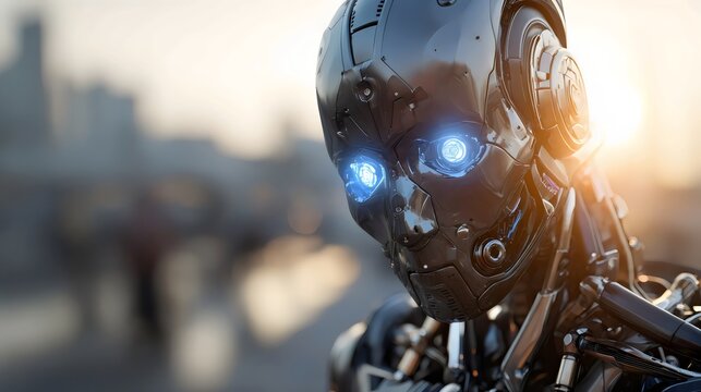 Close-up of a futuristic humanoid robot with glowing blue eyes, highlighted by a warm sunset glow in the background. - Powered by Adobe