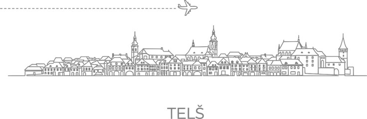 Obraz premium Telc Czech Republic Skyline Airplane Travel Icon