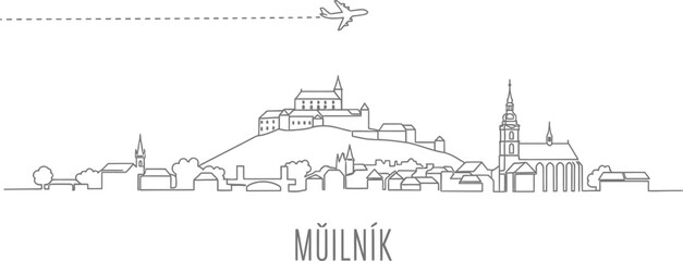 Fototapeta premium Minimalist Outline of Mělník Skyline with Airplane and Travel Path