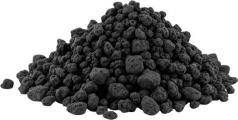 Pile of dark gray granular material showing texture and depth with loose pebbles scattered at the edges isolate Aggregate Bulk Closeup Coarse Crumbly Earth