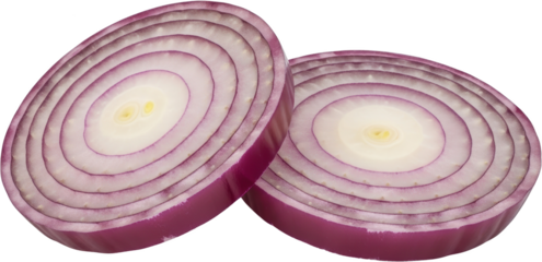 Close up view of two sliced red onions showing distinct concentric purple and white rings and yellow centers isolate sliced onion onion rings purple onion