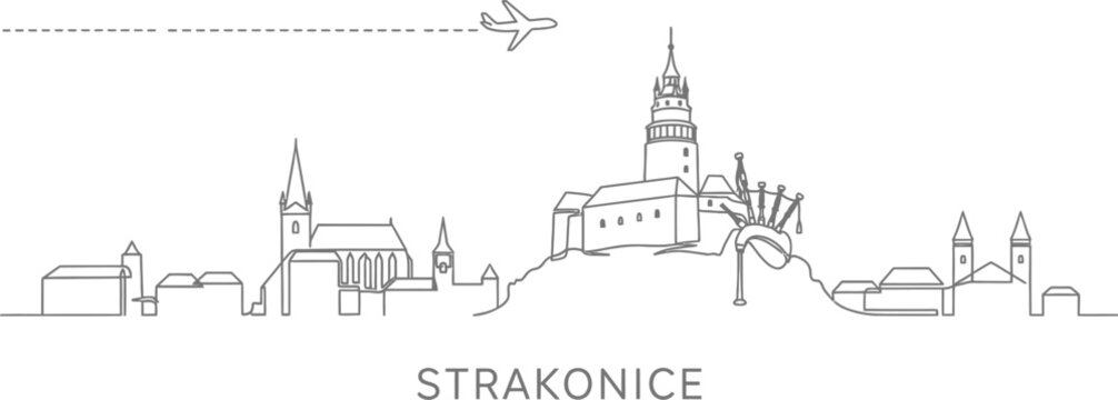 Strakonice Skyline with Airplane and Dashed Line