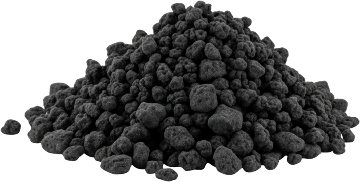 Pile of dark gray granular material showing texture and depth with loose pebbles scattered at the edges isolate Aggregate Bulk Closeup Coarse Crumbly Earth