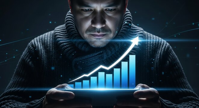 Man examining digital bar chart with upward trend on smartphone - Powered by Adobe