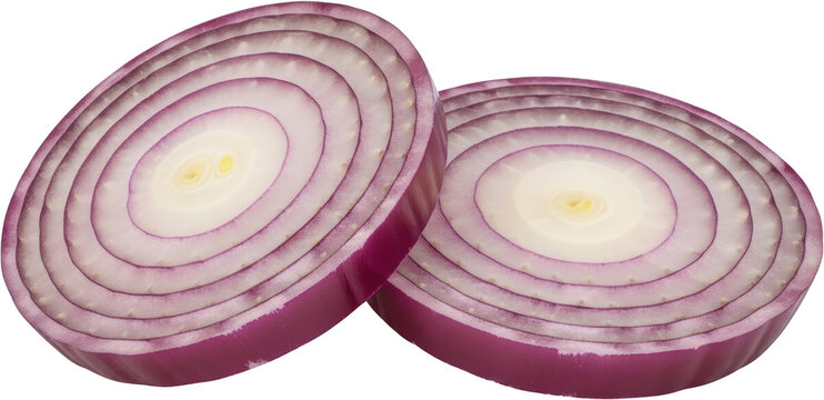 Close up view of two sliced red onions showing distinct concentric purple and white rings and yellow centers isolate sliced onion onion rings purple onion