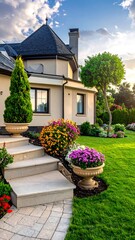 Fototapeta premium A luxurious home is displayed. Steps lead up to the front entrance, surrounded by vibrant flowers and lush green landscaping