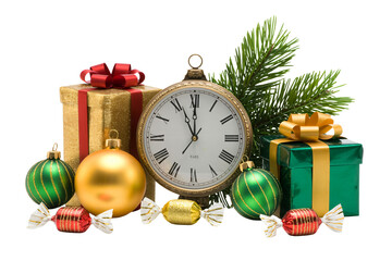 Festive holiday presents, ornaments, and pocket watch, counting down to Christmas, New Year's Eve, or special occasions, creating joy and excitement.