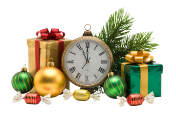 Festive holiday presents, ornaments, and pocket watch, counting down to Christmas, New Year's Eve, or special occasions, creating joy and excitement.