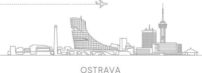 Obraz premium Ostrava Skyline Cityscape with Airplane and Dashed Line