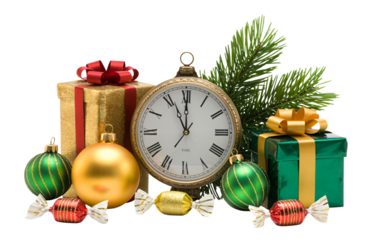 Festive holiday presents, ornaments, and pocket watch, counting down to Christmas, New Year's Eve, or special occasions, creating joy and excitement.
