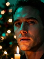 Man illuminated by a candle flame with a blurred christmas tree in the background