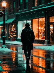 A lone person walks down a snowcovered street at night, with reflections in the wet pavement