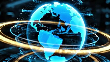 digital holographic rotating earth with digital rings - Powered by Adobe