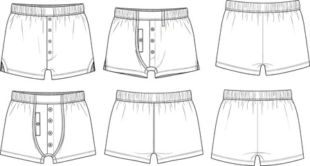 Men's boxer shorts cad template, flat technical fashion drawing, front and back view, button fly, elastic waistband design