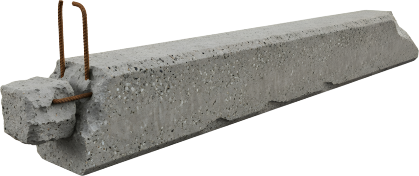 A long weathered concrete barrier with exposed rebar on a transparent background construction material cement reinforcement