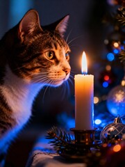 A curious tabby cat gazes at a lit candle with a christmas tree in the background