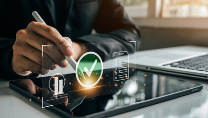 Digital Approval Process on Tablet with Stylus and Graphic Overlay.