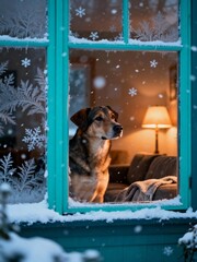 A dog looks out a snowy window on a winter evening, with snowflakes and warm light inside