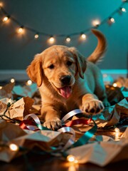 Adorable golden retriever puppy playing with festive christmas lights and wrapping paper