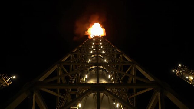Giant flare stack burning gas at petrochemical oil refinery industrial site at night