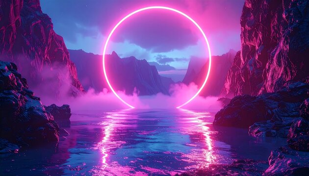 A neon pink ring illuminates a misty landscape between dark rock formations. The water surface mirrors the ethereal light