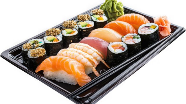 Sushi platter with various rolls and nigiri isolated on transparent background