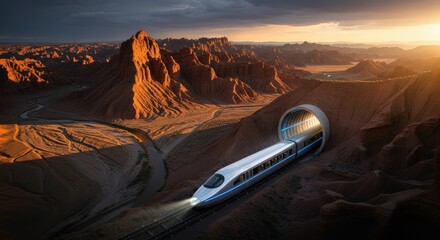 Futuristic High Speed Train Emerging From Tunnel Into Desert Canyon At Sunset Dramatic Lighting