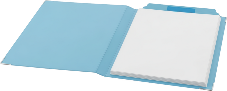 Light Blue Open File Folder With Stacked White Papers And A Tab Isolated Transparent Background For Isolate And Documents Office Supplies Stationery Organization