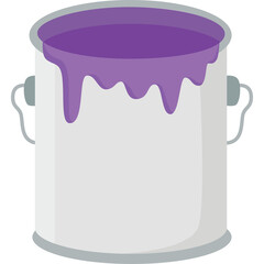 A metal paint can with a transparent background filled with vibrant purple paint spilling over the rim in a messy drip pattern with a gray handle and a white body illuminated by soft overhead lighting