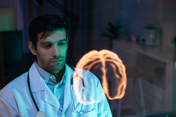 Human brain Virtual hologram. man Physician Examine Holographic Body Models. Medical technology and hospital care treatment. Nanoscale Diagnostics, Disease diagnosis and treatment technology