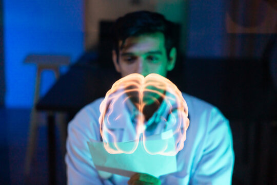 Human brain Virtual hologram. man Physician Examine Holographic Body Models. Medical technology and hospital care treatment. Nanoscale Diagnostics, Disease diagnosis and treatment technology