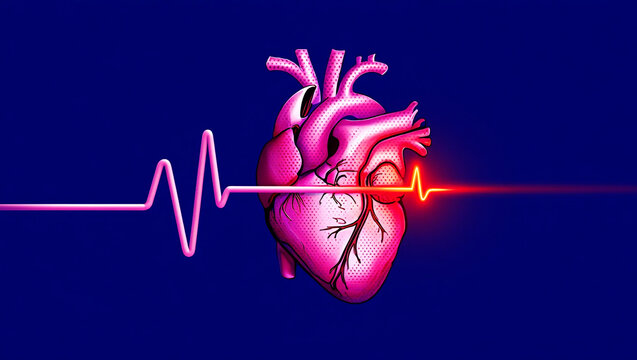Pink heart with pulsing electrocardiogram line blue pulse - Powered by Adobe