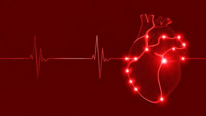 Glowing red heart with electrocardiogram pulse