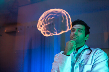 Human brain Virtual hologram. man Physician Examine Holographic Body Models. Medical technology and hospital care treatment. Nanoscale Diagnostics, Disease diagnosis and treatment technology