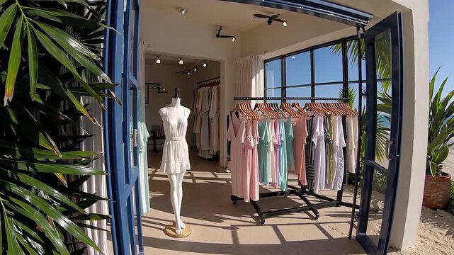Bright fashion display, Vibrant boutique with greenery, Chic storefront featuring colorful attire and plants, Stylish shop interior showcasing pastel clothing and natural decor elements