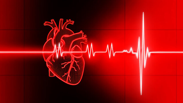 Glowing red heart with electrocardiogram waveform image