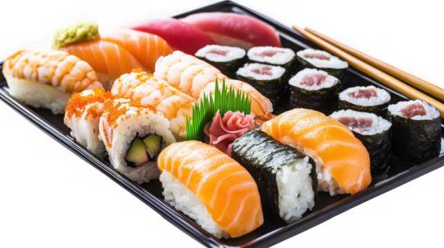 Various sushi served on black plate isolated on transparent background